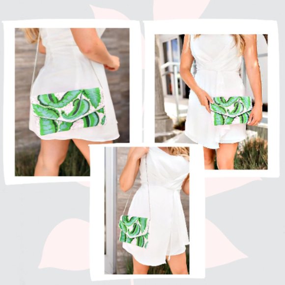 Tropical Leaf Seed Bead Sequin Crossbody Chain Clutch Boho Handbag - Picture 7 of 7